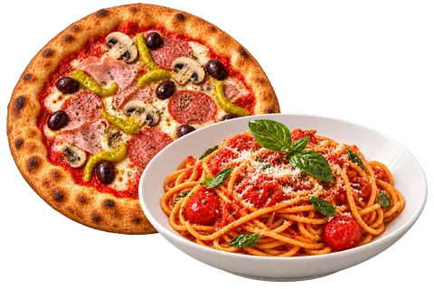 Goldbraune Steinofenpizza Mista mit Schinken, Salami, Champignons, Peperoni und Oliven neben Spaghetti mit Tomatensauce, Parmesan und frischem Basilikum